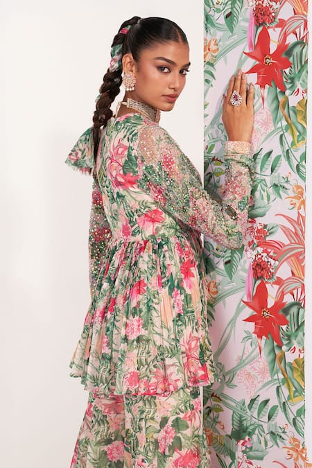 Mustard Moon By Neyha And Vrinda_Green Chiffon Sequins V-neck Floral Kurta And Sharara Set _at_Aza_Fashions