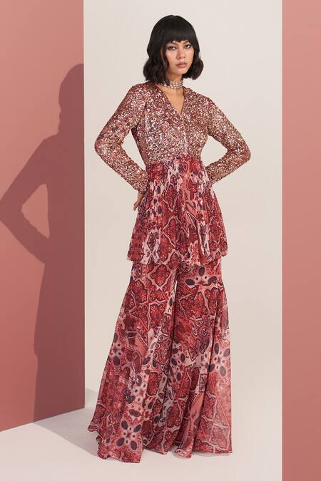 Mustard Moon By Neyha And Vrinda_Multi Color Chiffon Sequins V-neck Kurta And Sharara Set _Online_at_Aza_Fashions