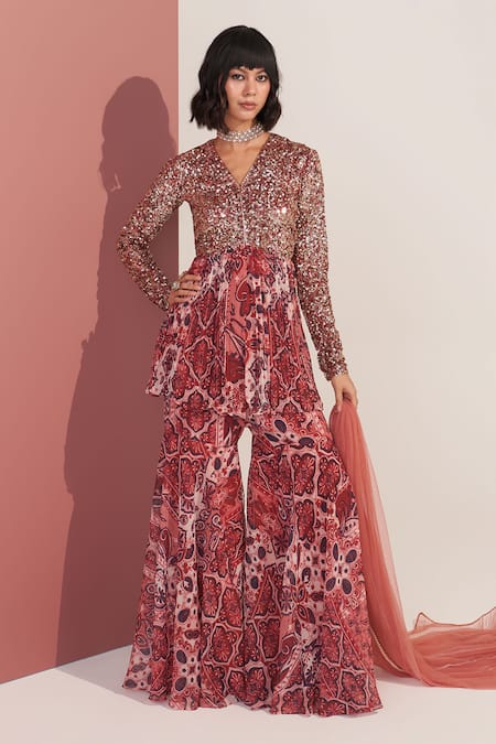 Mustard Moon by Neyha and Vrinda Multi Color Chiffon Sequins V-neck Kurta And Sharara Set 