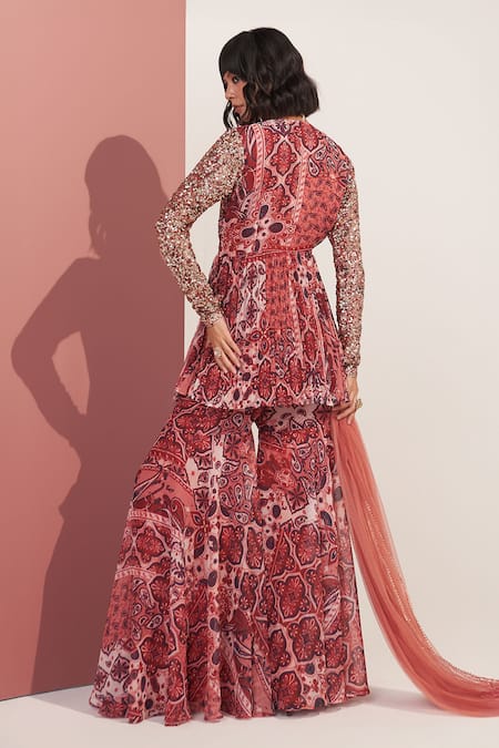 Shop_Mustard Moon By Neyha And Vrinda_Multi Color Chiffon Sequins V-neck Kurta And Sharara Set _at_Aza_Fashions