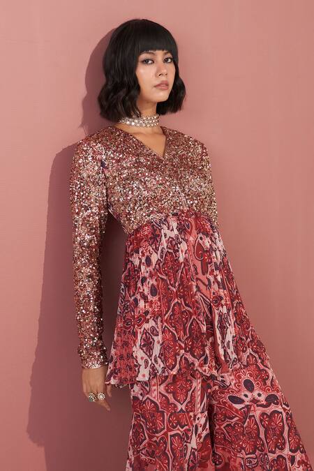 Buy_Mustard Moon By Neyha And Vrinda_Multi Color Chiffon Sequins V-neck Kurta And Sharara Set _Online_at_Aza_Fashions