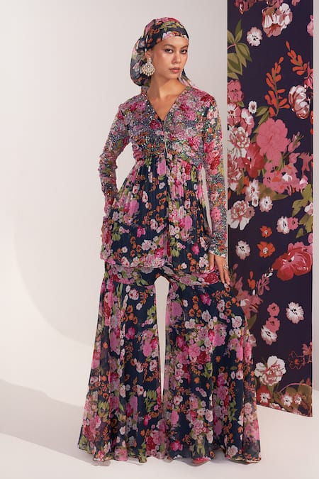 Mustard Moon By Neyha And Vrinda_Blue Chiffon Sequins, Beads, Embroidery V-neck Floral Kurta And Sharara Set _Online_at_Aza_Fashions