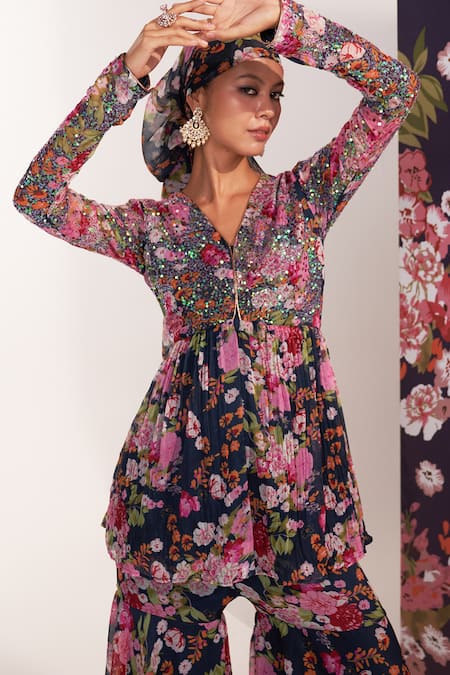 Buy_Mustard Moon By Neyha And Vrinda_Blue Chiffon Sequins, Beads, Embroidery V-neck Floral Kurta And Sharara Set _Online_at_Aza_Fashions