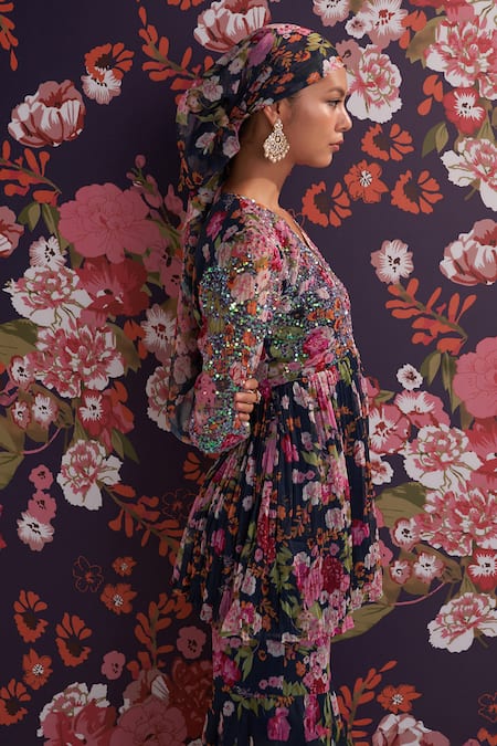 Shop_Mustard Moon By Neyha And Vrinda_Blue Chiffon Sequins, Beads, Embroidery V-neck Floral Kurta And Sharara Set _Online_at_Aza_Fashions