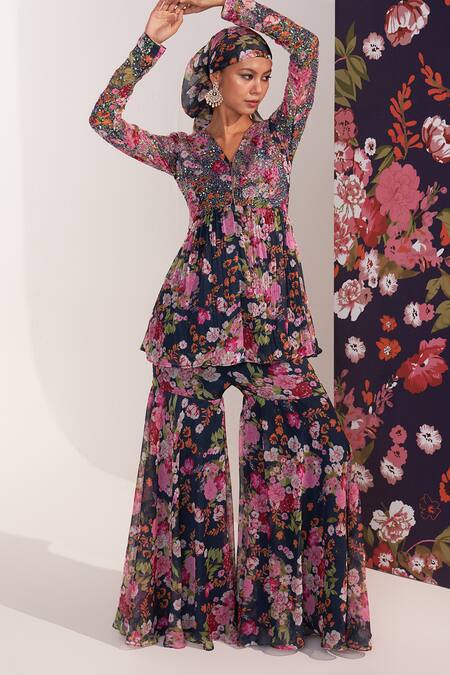 Mustard Moon By Neyha And Vrinda_Blue Chiffon Sequins, Beads, Embroidery V-neck Floral Kurta And Sharara Set _at_Aza_Fashions