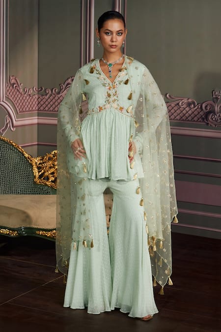 Mustard Moon by Neyha and Vrinda Green Georgette, Net Embroidery, Tassels V-neck Amara Sage Kurta Set 