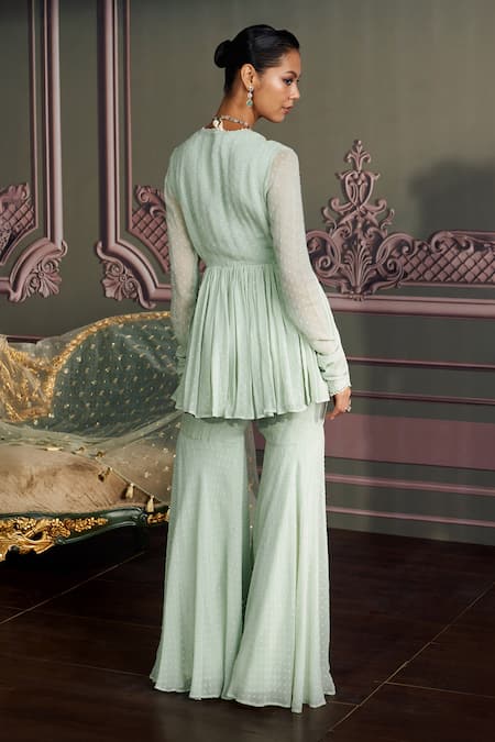 Shop_Mustard Moon By Neyha And Vrinda_Green Georgette, Net Embroidery, Tassels V-neck Amara Sage Kurta Set _at_Aza_Fashions