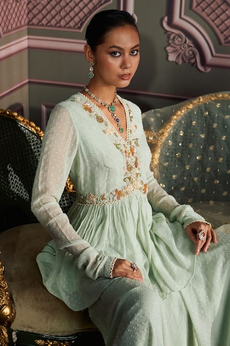 Mustard Moon By Neyha And Vrinda_Green Georgette, Net Embroidery, Tassels V-neck Amara Sage Kurta Set _Online_at_Aza_Fashions