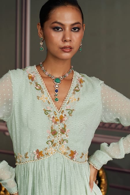 Buy_Mustard Moon By Neyha And Vrinda_Green Georgette, Net Embroidery, Tassels V-neck Amara Sage Kurta Set _Online_at_Aza_Fashions