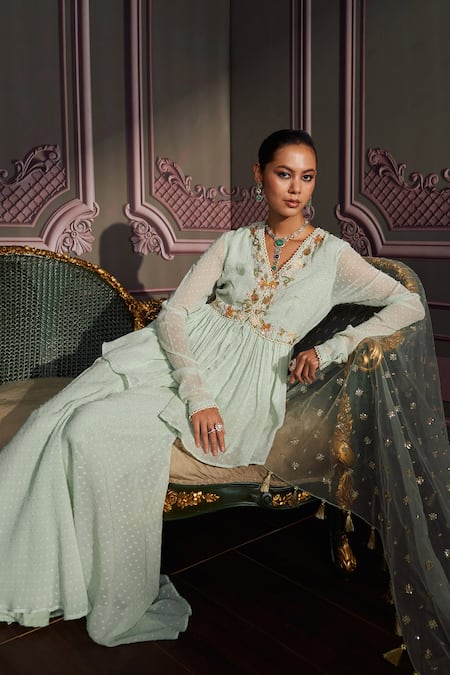 Shop_Mustard Moon By Neyha And Vrinda_Green Georgette, Net Embroidery, Tassels V-neck Amara Sage Kurta Set _Online_at_Aza_Fashions