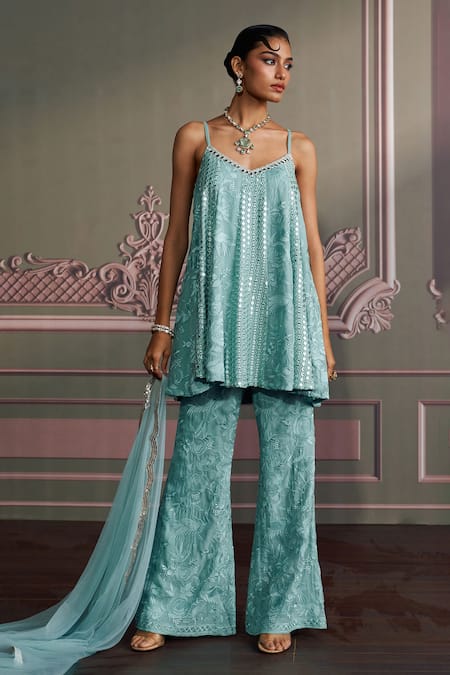 Mustard Moon By Neyha And Vrinda Blue Georgette, Net Sequins, Embroidery V-neck Freshwater Kurta Set Online at Aza Fashions Mustard Moon By Neyha And Vrinda_Blue Georgette, Net Sequins, Embroidery V-neck Freshwater Kurta Set _Online_at_Aza_Fashions