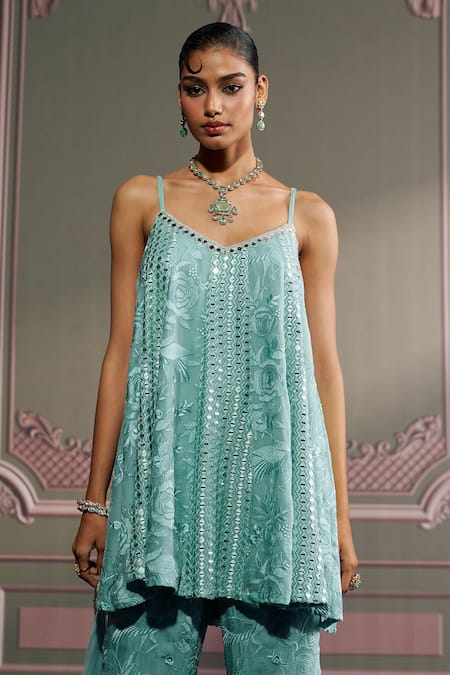 Buy Mustard Moon By Neyha And Vrinda Blue Georgette, Net Sequins, Embroidery V-neck Freshwater Kurta Set Online at Aza Fashions Buy_Mustard Moon By Neyha And Vrinda_Blue Georgette, Net Sequins, Embroidery V-neck Freshwater Kurta Set _Online_at_Aza_Fashions