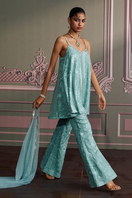 Shop Mustard Moon By Neyha And Vrinda Blue Georgette, Net Sequins, Embroidery V-neck Freshwater Kurta Set Online at Aza Fashions Shop_Mustard Moon By Neyha And Vrinda_Blue Georgette, Net Sequins, Embroidery V-neck Freshwater Kurta Set _Online_at_Aza_Fashions