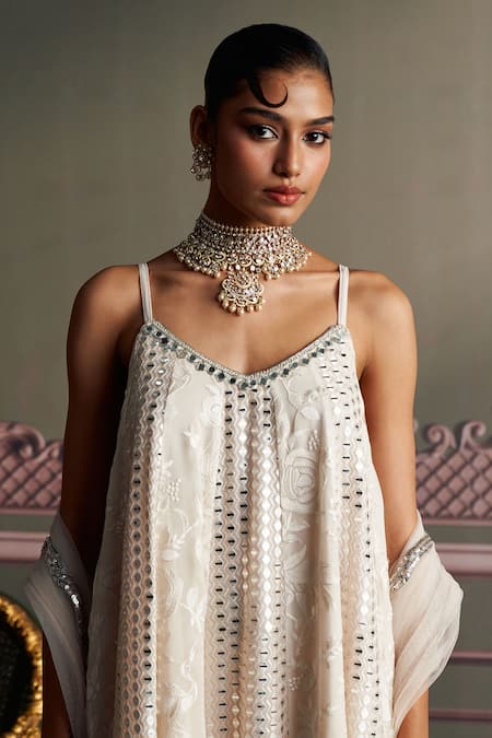 Mustard Moon By Neyha And Vrinda_Ivory Georgette, Net Sequins, Embroidery Open Neck Liva Kurta Set _Online_at_Aza_Fashions