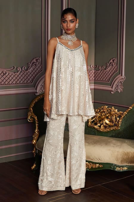 Buy_Mustard Moon By Neyha And Vrinda_Ivory Georgette, Net Sequins, Embroidery Open Neck Liva Kurta Set _Online_at_Aza_Fashions