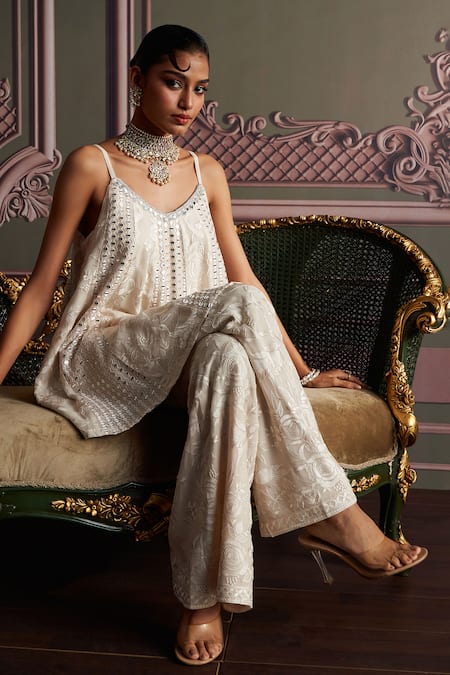 Shop_Mustard Moon By Neyha And Vrinda_Ivory Georgette, Net Sequins, Embroidery Open Neck Liva Kurta Set _Online_at_Aza_Fashions