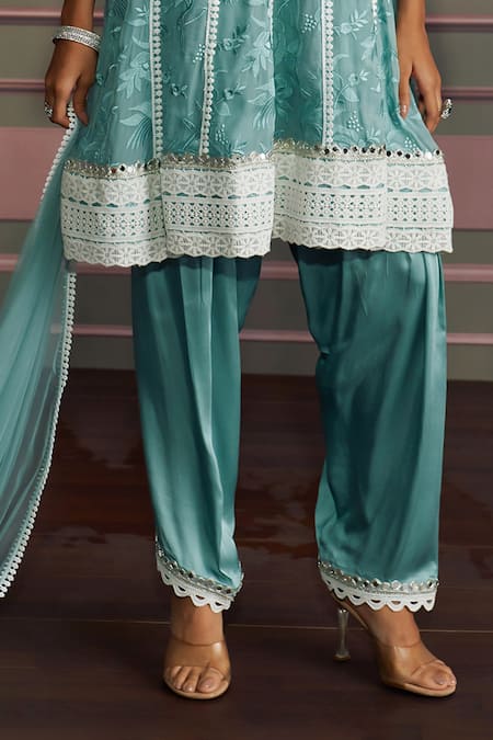 Mustard Moon By Neyha And Vrinda Blue Georgette, Modal, Satin, Net Embroidery, Lace V-neck Freshwater Kurta Set Online at Aza Fashions Mustard Moon By Neyha And Vrinda_Blue Georgette, Modal, Satin, Net Embroidery, Lace V-neck Freshwater Kurta Set _Online_at_Aza_Fashions