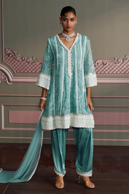 Mustard Moon by Neyha and Vrinda Blue Georgette, Modal, Satin, Net Embroidery, Lace V-neck Freshwater Kurta Set 