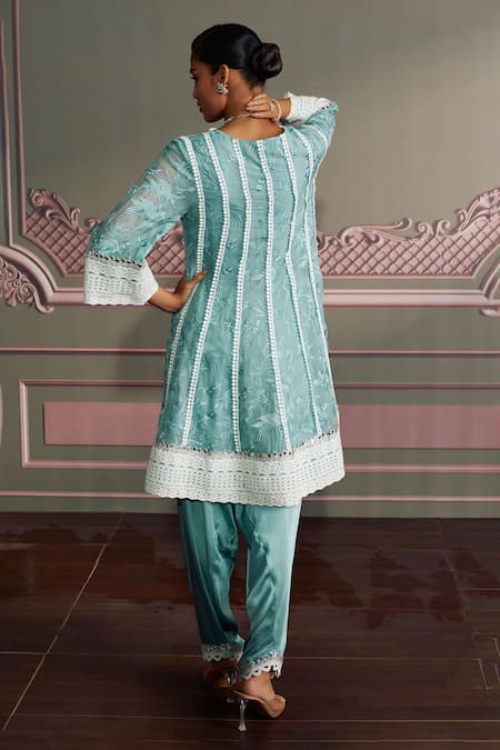 Shop Mustard Moon By Neyha And Vrinda Blue Georgette, Modal, Satin, Net Embroidery, Lace V-neck Freshwater Kurta Set at Aza Fashions Shop_Mustard Moon By Neyha And Vrinda_Blue Georgette, Modal, Satin, Net Embroidery, Lace V-neck Freshwater Kurta Set _at_Aza_Fashions