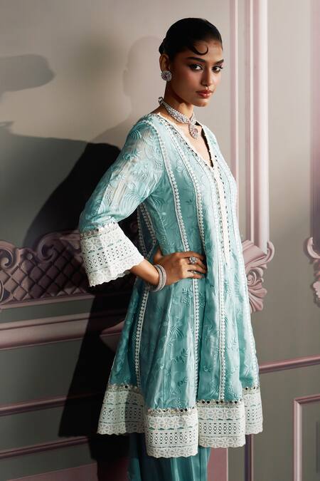 Buy Mustard Moon By Neyha And Vrinda Blue Georgette, Modal, Satin, Net Embroidery, Lace V-neck Freshwater Kurta Set Online at Aza Fashions Buy_Mustard Moon By Neyha And Vrinda_Blue Georgette, Modal, Satin, Net Embroidery, Lace V-neck Freshwater Kurta Set _Online_at_Aza_Fashions