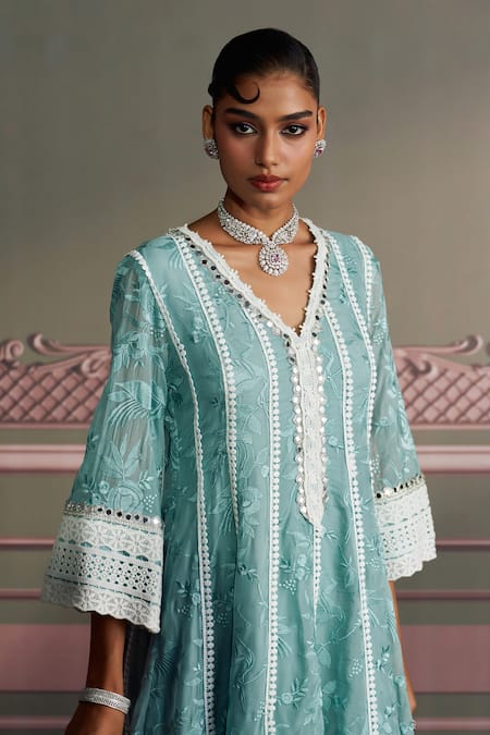Shop Mustard Moon By Neyha And Vrinda Blue Georgette, Modal, Satin, Net Embroidery, Lace V-neck Freshwater Kurta Set Online at Aza Fashions Shop_Mustard Moon By Neyha And Vrinda_Blue Georgette, Modal, Satin, Net Embroidery, Lace V-neck Freshwater Kurta Set _Online_at_Aza_Fashions