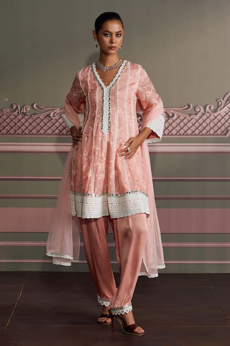 Mustard Moon by Neyha and Vrinda Pink Georgette, Modal, Satin, Net Lace, Designer Rose Straight Kurta Set 