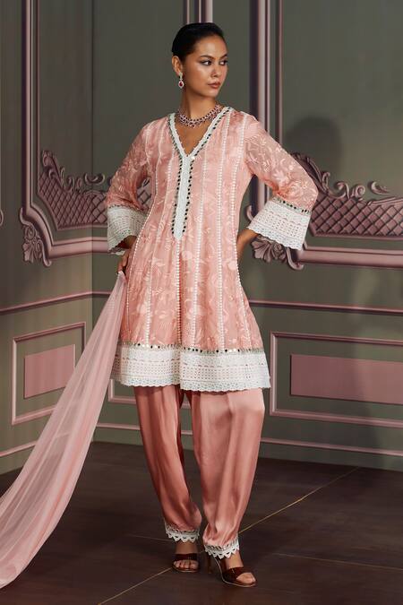 Buy Mustard Moon By Neyha And Vrinda Pink Georgette, Modal, Satin, Net Lace, Designer Rose Straight Kurta Set Online at Aza Fashions Buy_Mustard Moon By Neyha And Vrinda_Pink Georgette, Modal, Satin, Net Lace, Designer Rose Straight Kurta Set _Online_at_Aza_Fashions