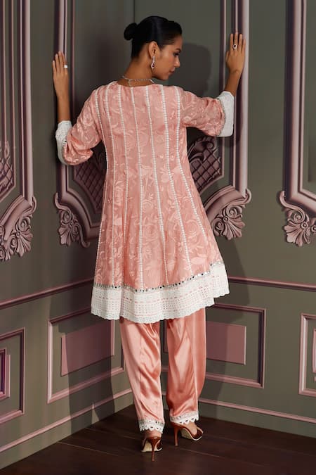 Shop Mustard Moon By Neyha And Vrinda Pink Georgette, Modal, Satin, Net Lace, Designer Rose Straight Kurta Set at Aza Fashions Shop_Mustard Moon By Neyha And Vrinda_Pink Georgette, Modal, Satin, Net Lace, Designer Rose Straight Kurta Set _at_Aza_Fashions