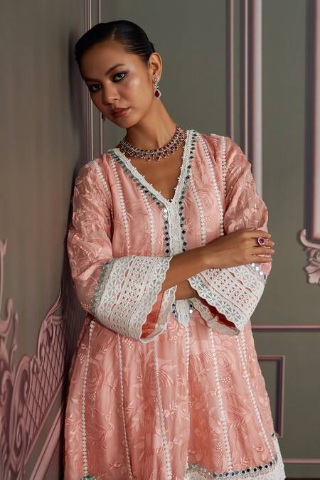 Shop Mustard Moon By Neyha And Vrinda Pink Georgette, Modal, Satin, Net Lace, Designer Rose Straight Kurta Set Online at Aza Fashions Shop_Mustard Moon By Neyha And Vrinda_Pink Georgette, Modal, Satin, Net Lace, Designer Rose Straight Kurta Set _Online_at_Aza_Fashions