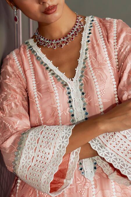 Mustard Moon By Neyha And Vrinda Pink Georgette, Modal, Satin, Net Lace, Designer Rose Straight Kurta Set at Aza Fashions Mustard Moon By Neyha And Vrinda_Pink Georgette, Modal, Satin, Net Lace, Designer Rose Straight Kurta Set _at_Aza_Fashions