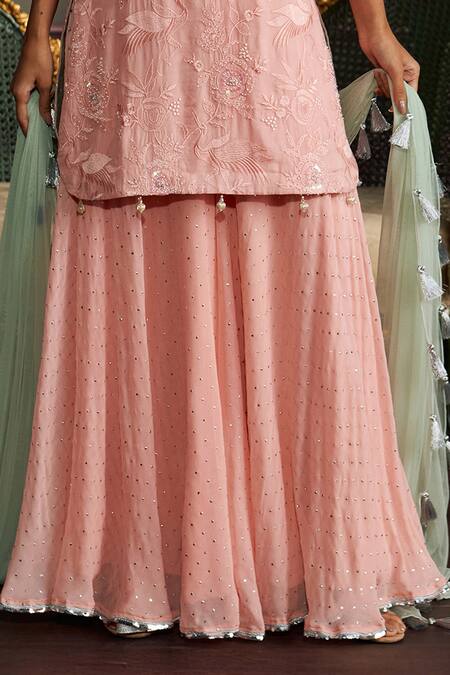 Mustard Moon By Neyha And Vrinda Pink Georgette, Net Sequins, Embroidery Split V-neck Saanvi Rose Kurta Set Online at Aza Fashions Mustard Moon By Neyha And Vrinda_Pink Georgette, Net Sequins, Embroidery Split V-neck Saanvi Rose Kurta Set _Online_at_Aza_Fashions