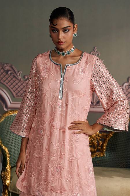 Buy Mustard Moon By Neyha And Vrinda Pink Georgette, Net Sequins, Embroidery Split V-neck Saanvi Rose Kurta Set Online at Aza Fashions Buy_Mustard Moon By Neyha And Vrinda_Pink Georgette, Net Sequins, Embroidery Split V-neck Saanvi Rose Kurta Set _Online_at_Aza_Fashions