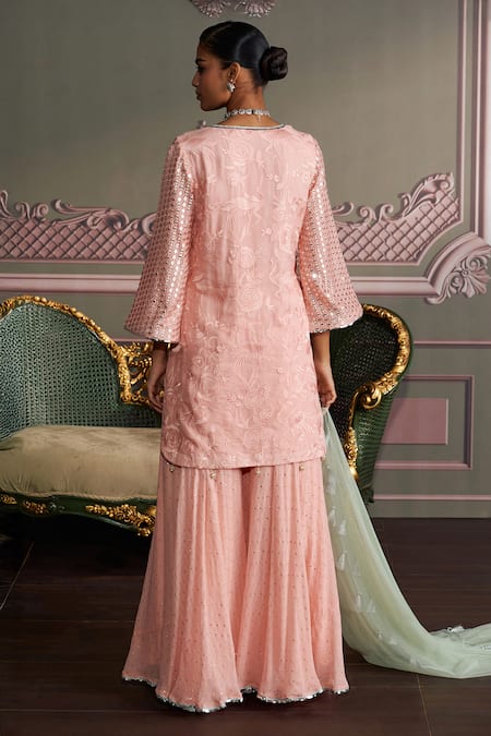 Shop Mustard Moon By Neyha And Vrinda Pink Georgette, Net Sequins, Embroidery Split V-neck Saanvi Rose Kurta Set at Aza Fashions Shop_Mustard Moon By Neyha And Vrinda_Pink Georgette, Net Sequins, Embroidery Split V-neck Saanvi Rose Kurta Set _at_Aza_Fashions