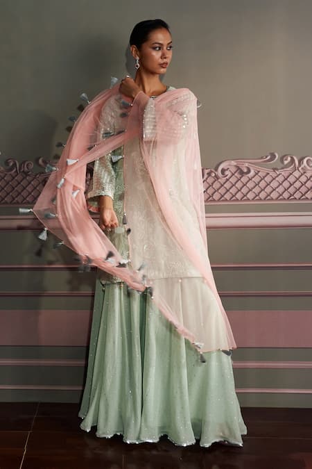 Mustard Moon By Neyha And Vrinda Green Georgette, Net Embroidery, Sequins, Tassels V-neck Saanvi Sage Kurta Set Online at Aza Fashions Mustard Moon By Neyha And Vrinda_Green Georgette, Net Embroidery, Sequins, Tassels V-neck Saanvi Sage Kurta Set _Online_at_Aza_Fashions