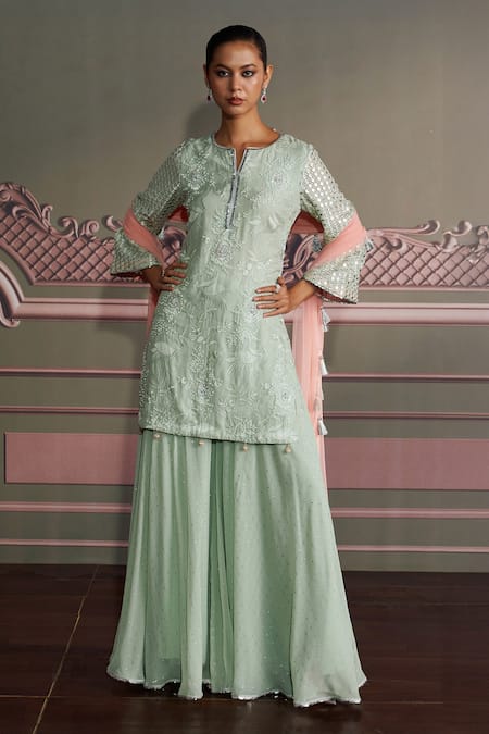 Mustard Moon by Neyha and Vrinda Green Georgette, Net Embroidery, Sequins, Tassels V-neck Saanvi Sage Kurta Set 