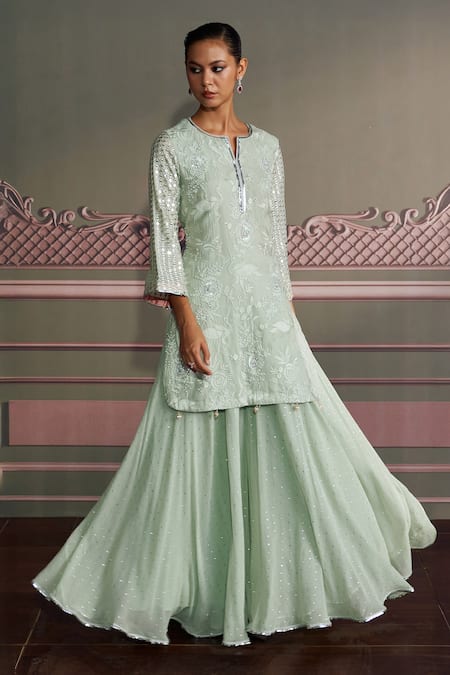 Buy Mustard Moon By Neyha And Vrinda Green Georgette, Net Embroidery, Sequins, Tassels V-neck Saanvi Sage Kurta Set Online at Aza Fashions Buy_Mustard Moon By Neyha And Vrinda_Green Georgette, Net Embroidery, Sequins, Tassels V-neck Saanvi Sage Kurta Set _Online_at_Aza_Fashions