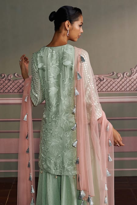 Shop Mustard Moon By Neyha And Vrinda Green Georgette, Net Embroidery, Sequins, Tassels V-neck Saanvi Sage Kurta Set at Aza Fashions Shop_Mustard Moon By Neyha And Vrinda_Green Georgette, Net Embroidery, Sequins, Tassels V-neck Saanvi Sage Kurta Set _at_Aza_Fashions