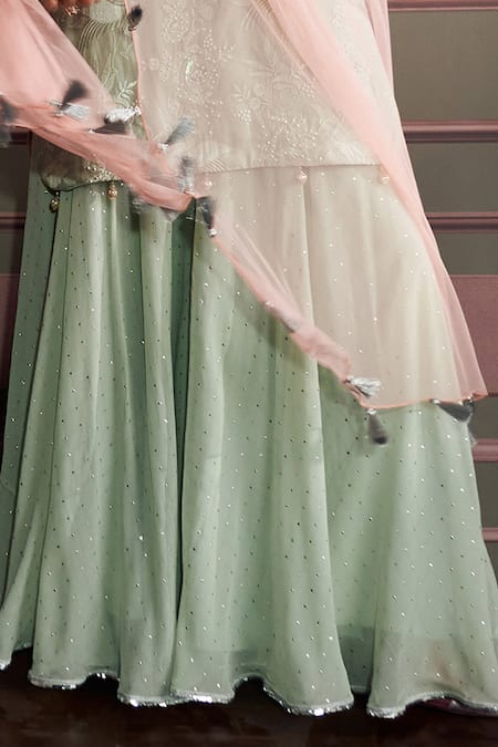 Shop Mustard Moon By Neyha And Vrinda Green Georgette, Net Embroidery, Sequins, Tassels V-neck Saanvi Sage Kurta Set Online at Aza Fashions Shop_Mustard Moon By Neyha And Vrinda_Green Georgette, Net Embroidery, Sequins, Tassels V-neck Saanvi Sage Kurta Set _Online_at_Aza_Fashions