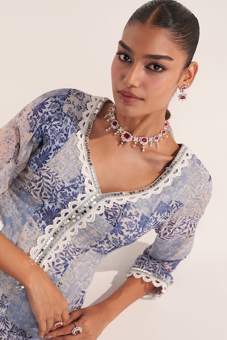 Buy Mustard Moon By Neyha And Vrinda Blue Georgette Lace, Embroidery V-neck Cornflower Printed Kurta Set Online at Aza Fashions Buy_Mustard Moon By Neyha And Vrinda_Blue Georgette Lace, Embroidery V-neck Cornflower Printed Kurta Set _Online_at_Aza_Fashions