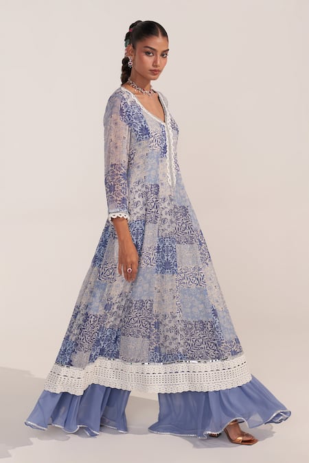 Shop Mustard Moon By Neyha And Vrinda Blue Georgette Lace, Embroidery V-neck Cornflower Printed Kurta Set Online at Aza Fashions Shop_Mustard Moon By Neyha And Vrinda_Blue Georgette Lace, Embroidery V-neck Cornflower Printed Kurta Set _Online_at_Aza_Fashions