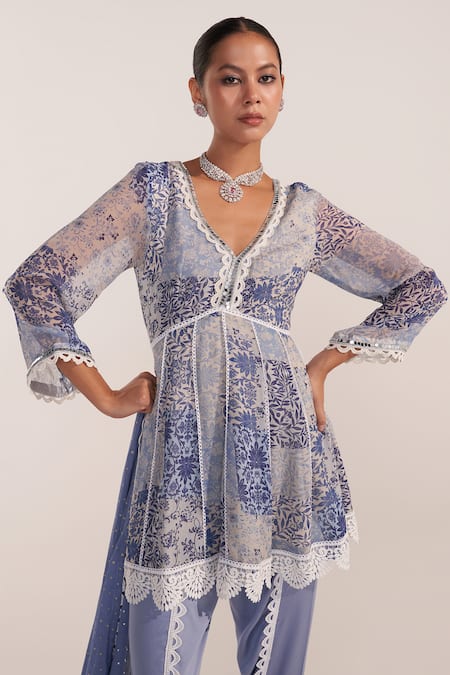 Mustard Moon By Neyha And Vrinda Blue Georgette, Modal Sequins, Lace V-neck Cornflower Peplum Dhoti Set Online at Aza Fashions Mustard Moon By Neyha And Vrinda_Blue Georgette, Modal Sequins, Lace V-neck Cornflower Peplum Dhoti Set _Online_at_Aza_Fashions