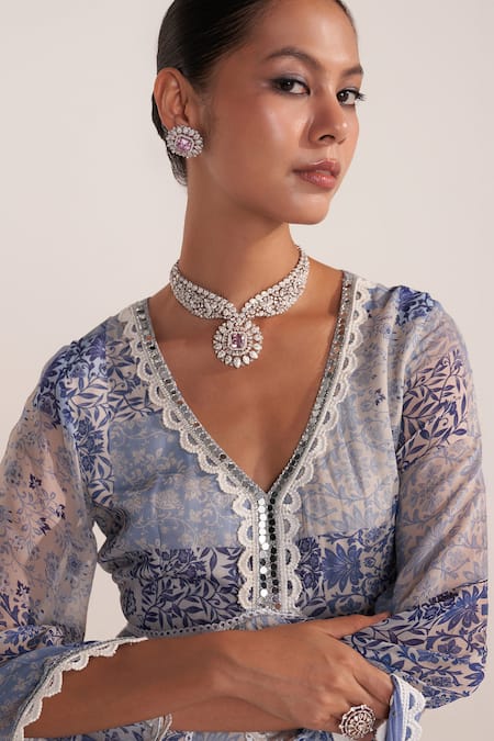 Buy Mustard Moon By Neyha And Vrinda Blue Georgette, Modal Sequins, Lace V-neck Cornflower Peplum Dhoti Set Online at Aza Fashions Buy_Mustard Moon By Neyha And Vrinda_Blue Georgette, Modal Sequins, Lace V-neck Cornflower Peplum Dhoti Set _Online_at_Aza_Fashions