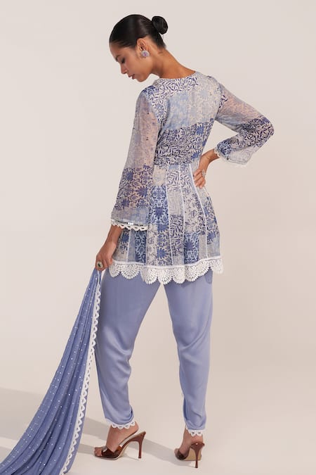 Shop Mustard Moon By Neyha And Vrinda Blue Georgette, Modal Sequins, Lace V-neck Cornflower Peplum Dhoti Set at Aza Fashions Shop_Mustard Moon By Neyha And Vrinda_Blue Georgette, Modal Sequins, Lace V-neck Cornflower Peplum Dhoti Set _at_Aza_Fashions