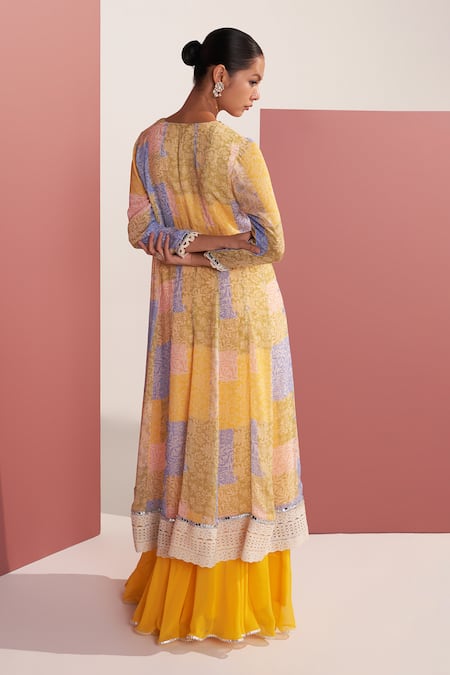 Shop_Mustard Moon By Neyha And Vrinda_Multi Color Georgette Lace, Sequins V-neck Neelima Yellow Printed Kurta Set _at_Aza_Fashions