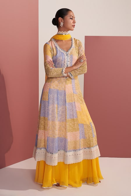 Shop_Mustard Moon By Neyha And Vrinda_Multi Color Georgette Lace, Sequins V-neck Neelima Yellow Printed Kurta Set _Online_at_Aza_Fashions
