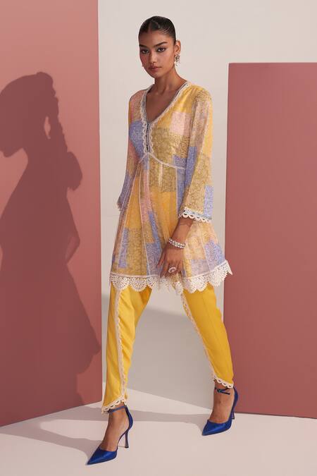 Buy Mustard Moon By Neyha And Vrinda Multi Color Georgette, Modal Embroidery, Lace Asaf Yellow Peplum Kurta Dhoti Set Online at Aza Fashions Buy_Mustard Moon By Neyha And Vrinda_Multi Color Georgette, Modal Embroidery, Lace Asaf Yellow Peplum Kurta Dhoti Set _Online_at_Aza_Fashions