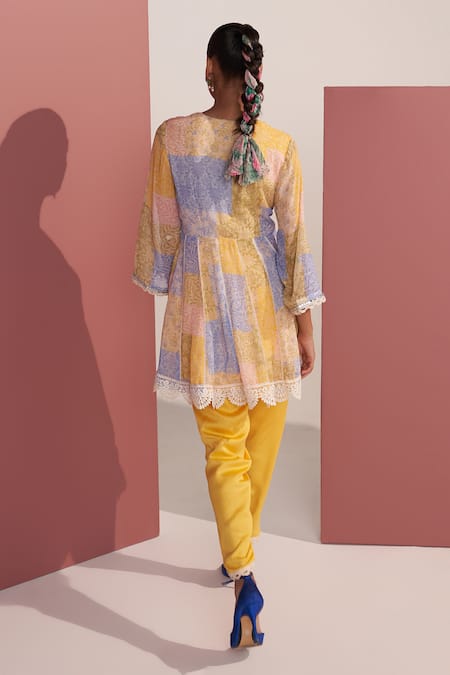 Shop Mustard Moon By Neyha And Vrinda Multi Color Georgette, Modal Embroidery, Lace Asaf Yellow Peplum Kurta Dhoti Set at Aza Fashions Shop_Mustard Moon By Neyha And Vrinda_Multi Color Georgette, Modal Embroidery, Lace Asaf Yellow Peplum Kurta Dhoti Set _at_Aza_Fashions