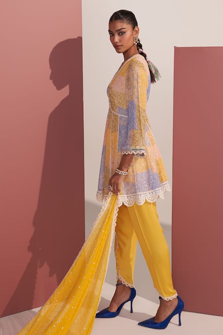 Shop Mustard Moon By Neyha And Vrinda Multi Color Georgette, Modal Embroidery, Lace Asaf Yellow Peplum Kurta Dhoti Set Online at Aza Fashions Shop_Mustard Moon By Neyha And Vrinda_Multi Color Georgette, Modal Embroidery, Lace Asaf Yellow Peplum Kurta Dhoti Set _Online_at_Aza_Fashions