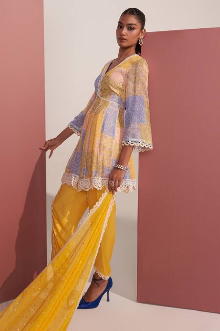 Mustard Moon By Neyha And Vrinda Multi Color Georgette, Modal Embroidery, Lace Asaf Yellow Peplum Kurta Dhoti Set at Aza Fashions Mustard Moon By Neyha And Vrinda_Multi Color Georgette, Modal Embroidery, Lace Asaf Yellow Peplum Kurta Dhoti Set _at_Aza_Fashions