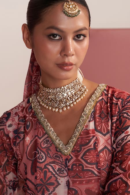 Shop_Mustard Moon By Neyha And Vrinda_Rose Gold Georgette, Modal Sequins, Pearls V-neck Azalea Dhoti Set _Online_at_Aza_Fashions